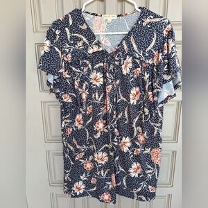 JoiedeVive Pullover Textured Floral Print Plus Sz2X Black/Peach Flutter Sleeve